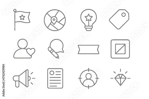 Brand Positioning Icons. Line style round icons of brand positioning: brand icon, market map, unique value, competitor tag;