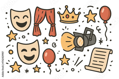 Theater Icons Doodle. Theater crafts doodle icon set: hand drawn icons of masks with smile, curtain, crown, star, balloon,