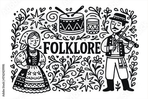 Slovak Folklore Design. Hand-drawn slovak folklore with patterns, drums, and stars, center word “Folklore” in black and white