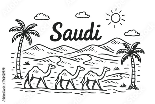 Saudi Desert Doodle. Doodle saudi desert with camels, palms, and dunes, center word “Saudi” in black and white isolated