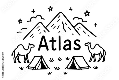 Atlas Mountains Doodle. Doodle atlas mountains with camels, stars, and tents, center word “Atlas” in black and white isolated