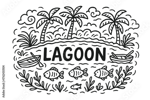 Doodle Lagoon Scene. Doodle hidden lagoon with palm trees, fish, and boats, center word “Lagoon” in black and white isolated