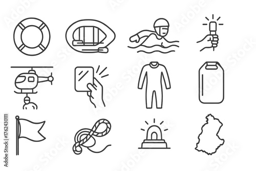 Coastal Rescue Icons. Line style round icons of coastal rescue: life ring, inflatable boat, rescue swimmer, flare; helicopter