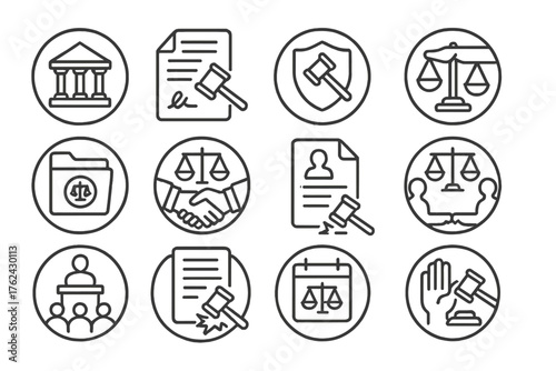 Litigation Line Icons. Line style round icons of litigation and disputes: courtroom icon, lawsuit doc, legal defense, legal claim;
