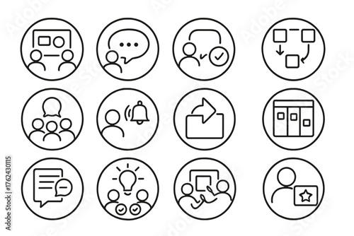 Creative Teamwork Icons. Line style round icons of collaboration in creative teams: shared board, feedback bubble, version control