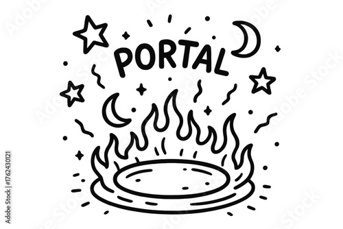 Mystical Portal Design. Doodle summoning portal with stars, flames, and moons, center word “Portal” in black and white isolated
