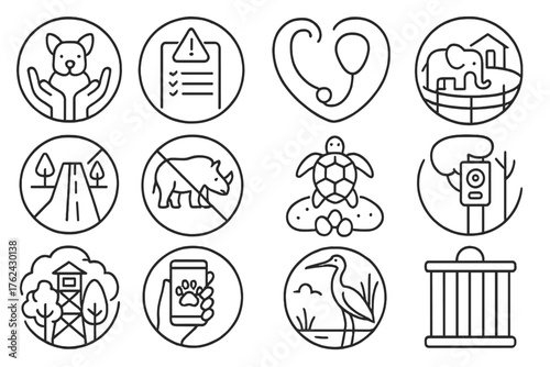 Wildlife Protection Icons. Line style round icons of wildlife protection: animal rescue, endangered list, vet care, sanctuary icon