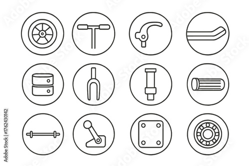 Scooter Parts Icons. Line style round icons of scooter parts: wheel, handlebar, brake, deck; clamp, fork, stem, grip; axle,