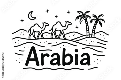 Arabian Desert Doodle. Doodle saudi desert with camels, palms, and moons, center word “Arabia” in black and white isolated