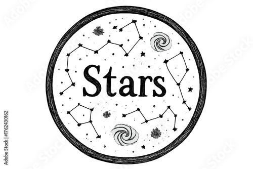 Celestial Telescope View. Hand-drawn telescope view with constellations, stars, and galaxies, center word “Stars” in black and