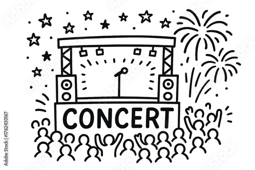 Concert Under Stars. Doodle open air concert with big stage, stars, and fireworks, center word “Concert” in black and white