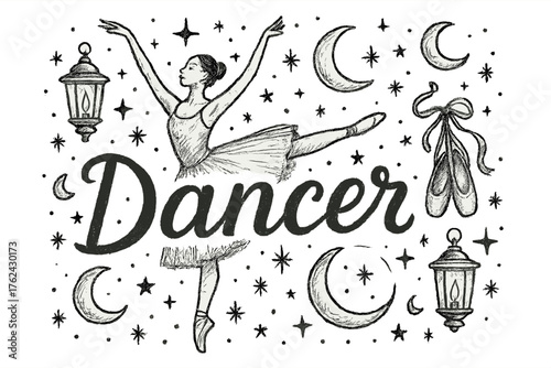 Dancer with Lanterns. Hand-drawn ballet scene with lanterns, shoes, and moons, center word “Dancer” in black and white isolated