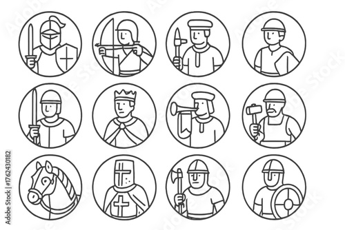 Historical Warriors Icons. Line style round icons of historical warriors: knight, archer, footman, squire; pikeman, noble, herald,