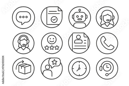 Customer Support Icons. Line style round icons of customer support: live chat bubble, support ticket, chatbot icon, FAQ card;
