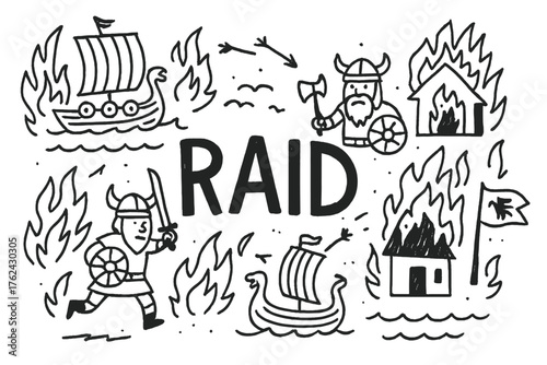 Viking Raid Doodle. Doodle viking raid with fire, boats, and banners, center word “Raid” in black and white isolated transparent