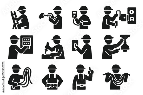 Electrician's Essential Tasks. Solid style icons of Electrician at Work: ladder climb, wire connection, testing voltage, fixing