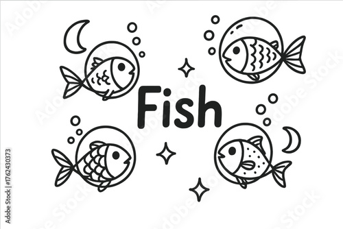 Floating Fish Doodle. Doodle floating fish with bubbles, helmets, and moons, center word “Fish” in black and white isolated