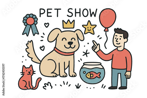 Pet Show Doodle. Pet show illustration doodle style: hand drawn dog with smile, crown, star, balloon, ribbon, cat, fishbowl, and