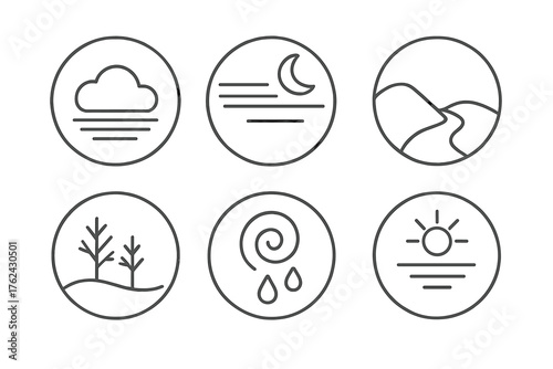 Foggy Night Icons. Line style round icons of fog and mist: cloud, low visibility, haze, vapor; hill silhouette, moonlight through