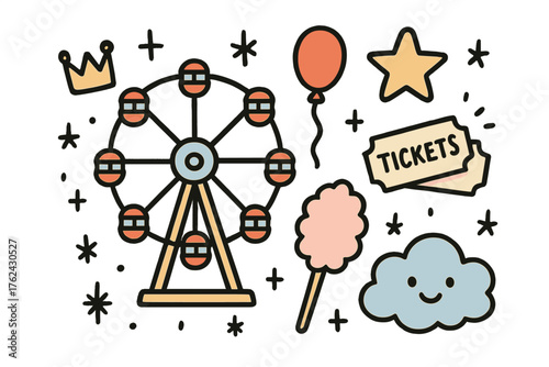 Ferris Wheel Doodle Set. Ferris wheel doodle icon set: hand drawn icons of ferris wheel, crown, star, balloon, tickets, cotton