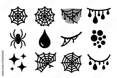 Spiderweb Dew Icons. Solid style icons of Spiderweb Dew: web circle, web with droplets, morning mist web, suspended drops, spider