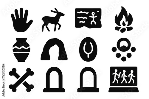 Ancient Cave Icons. Solid style icons of Historic and cultural cave signs: ancient handprint, cave painting, stone carving, fire