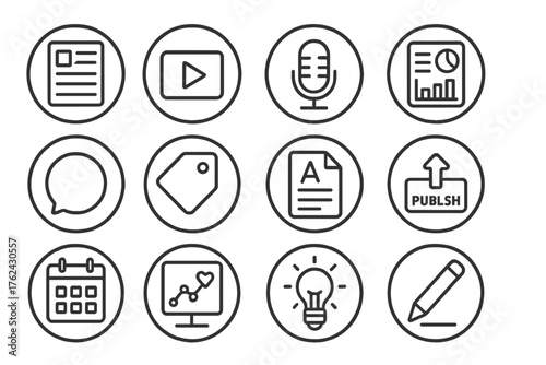 Content Marketing Icons. Line style round icons of content marketing: blog post, video play, podcast mic, infographic icon; text