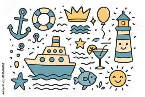 Cruise Icon Doodle Set. Cruise doodle icon set: hand drawn icons of ship, anchor, lifebuoy, wave, fish, crown, star, balloon,