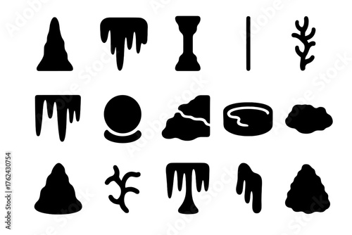 Cave Formation Icons. Solid style icons of Cave formations and features: stalagmite, flowstone, column, soda straw, drapery