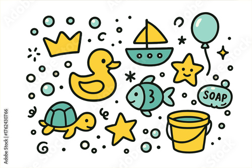 Cute Bath Toys. Bath toys doodle icon set: hand drawn icons of rubber duck with smile, boat, fish, turtle, crown, star, balloon,