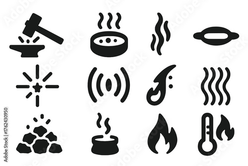 Smithing Sound and Heat. Solid style icons of Sound and heat in smithing: hammer strike, sizzling water, rising smoke, glowing