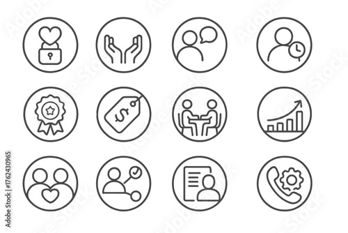 Relationship Selling Icons. Line style round icons of relationship selling: trust icon, empathy hand, rapport builder, client