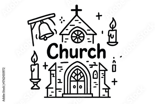 Medieval Church Doodle. Doodle medieval church with bells, candles, and stained glass, center word “Church” in black and white
