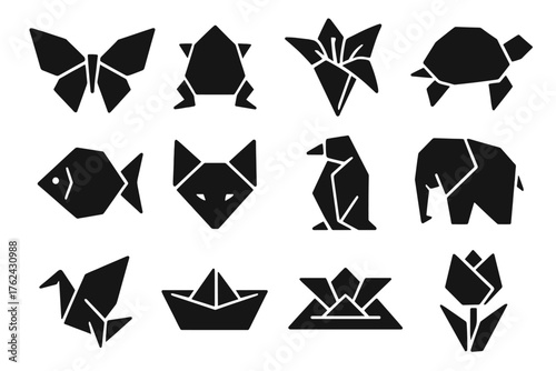 Solid Origami Icons. Solid style icons of Popular origami models: butterfly, jumping frog, lily flower, turtle, fish, fox head,