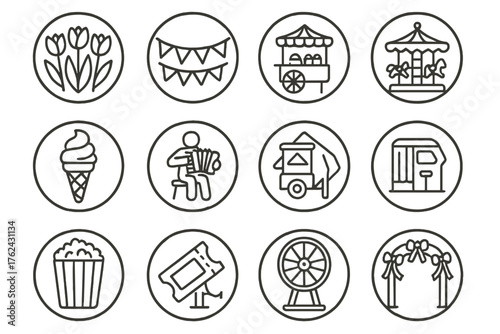 Spring Fair Icons. Line style round icons of spring fair: tulips, garland, candy cart, carousel; ice cream cone, street music,