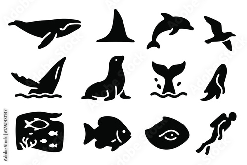 Marine Wildlife Icons. Solid style icons of Marine Wildlife: humpback whale, orca dorsal fin, dolphin jump, sea bird, breaching