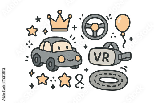 VR Racing Doodle Icons. VR racing doodle icon set: hand drawn icons of car with smile, steering wheel, crown, star, balloon,