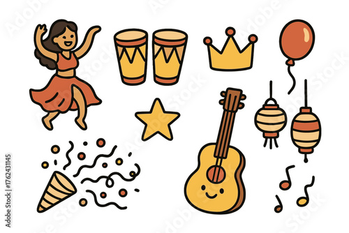 Festival Icon Doodles. Festival performance doodle icon set: hand drawn icons of dancer, drums, crown, star, balloon, lanterns,