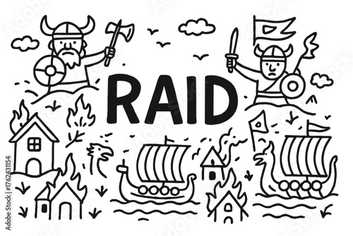 Viking Raid Doodle. Doodle viking raid with fire, boats, and banners, center word “Raid” in black and white isolated transparent