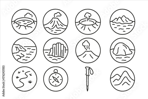Volcanic Island Icons. Line style round icons of volcanic islands: caldera, lava field, crater lake, island ridge; rocky coastline