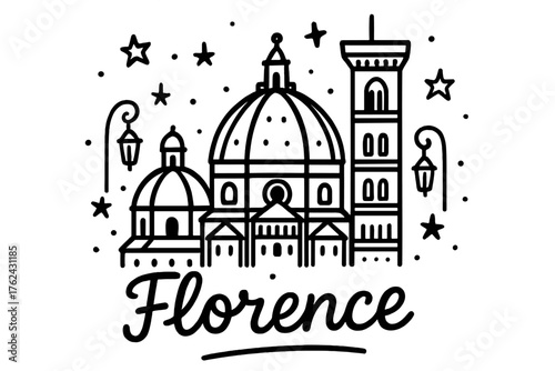 Florence Doodle Elegance. Doodle florence duomo with stars, domes, and lanterns, center word “Florence” in black and white