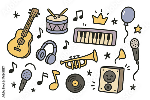 Musician Doodle Icons. Musician profession doodle icon set: hand drawn icons of guitar, drum, piano, trumpet, notes, headphones,
