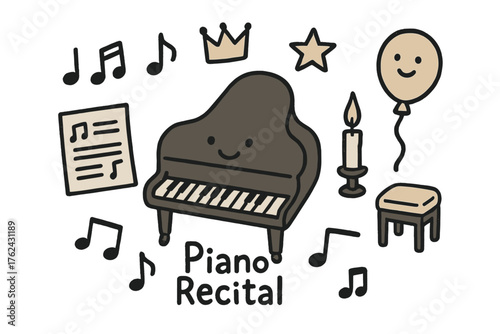 Piano Recital Doodle Set. Piano recital doodle icon set: hand drawn icons of grand piano with smile, notes, crown, star, balloon,