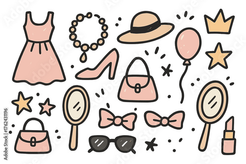 Fashion Doodle Icons. Fashion doodle icon set: hand drawn icons of dress, high heels, necklace, hat, handbag, crown, star, balloon