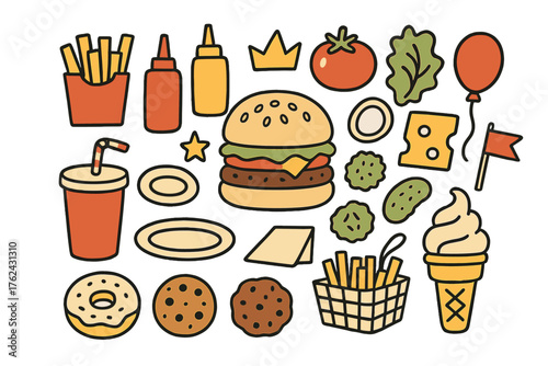 Burger Icon Doodles. Burger doodle icon set: hand drawn icons of burger, fries, soda, ketchup, mustard, tomato, lettuce, cheese,
