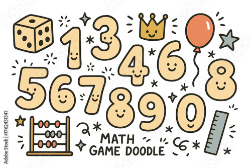 Cute Math Icons. Math game doodle icon set: hand drawn icons of numbers with smile, dice, crown, star, balloon, abacus, and ruler.