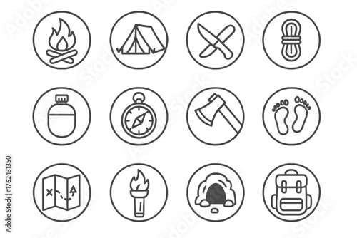 Survival Essentials Icons. Line style round icons of survival elements: firewood, tent, knife, rope; water flask, compass, axe,