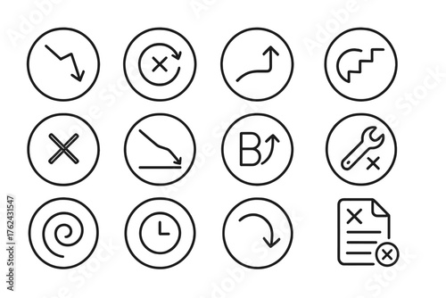 Feedback Symbols Icons. Line style round icons of failure as feedback: broken arrow, retry icon, bounce back, retry steps; cross