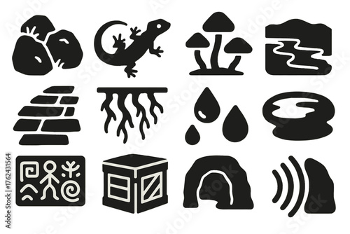 Subterranean Habitat Icons. Solid style icons of Subterranean Habitat: mossy rocks, cave lizard, bioluminescent fungi, underground