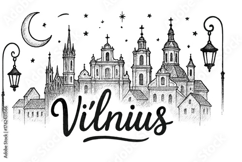 Vilnius Skyline Art. Hand-drawn vilnius old town with churches, moons, and lanterns, center word “Vilnius” in black and white
